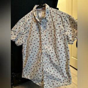 denim & flower button up shirt.